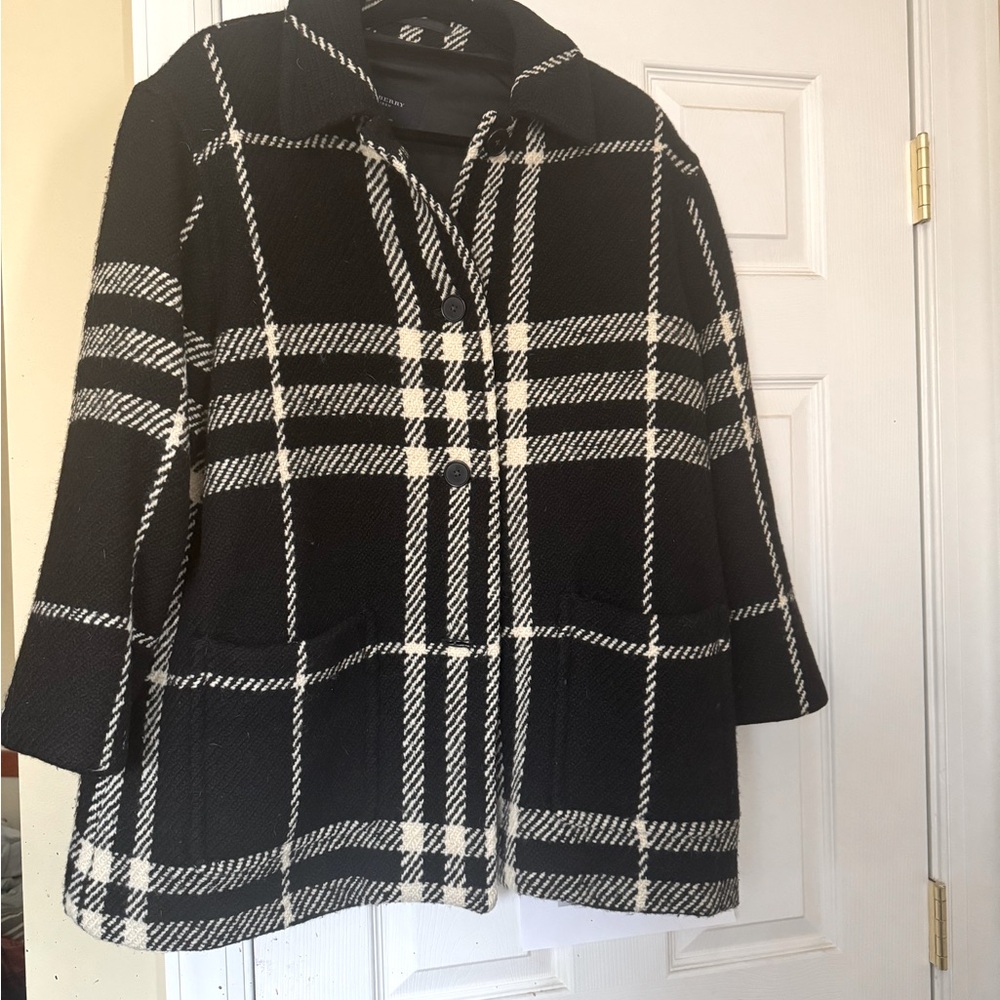 Burberry plaid black & white swing jacket in wool